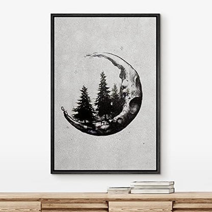IDEA4WALL Framed Canvas Print Wall Art Pine Trees in Crescent Moon