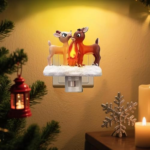 Reindeer Night Light with Flickering Flame – LED Faux Campfire Lamp