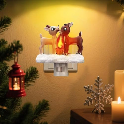 Reindeer Night Light with Flickering Flame – LED Faux Campfire Lamp
