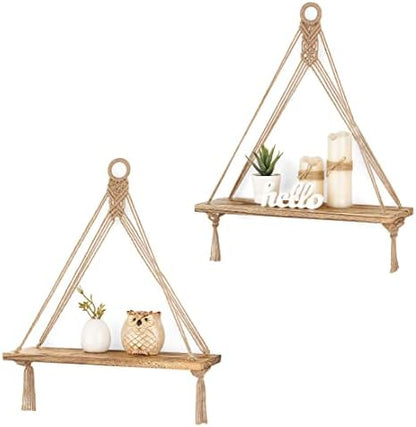 Mkono Macrame Hanging Shelves Boho Wall Decor Set of 2 Floating Wood