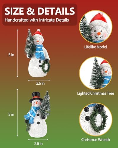GoGnome Duo 5'' Resin Snowman Figurines with Lighted Christmas Tree