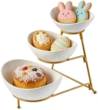 LYEOBOH 3 Tier Serving Bowls Set, Porcelain Oval Bowls with Stand for