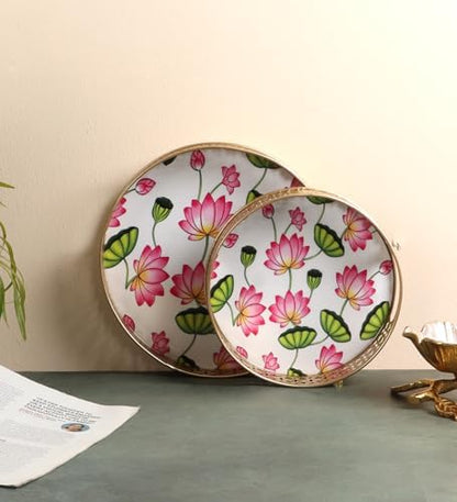 Two Moustaches Lotus Flowers Design Serving Trays Set