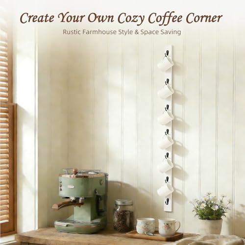 Vertical Wall Mounted Coffee Mug Rack, Wooden Coffee Mug Holder with 6