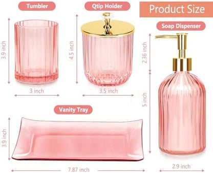 Haturi Bathroom Accessories Set, 4 Pcs Pink Glass Bathroom Accessories