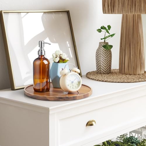 12 Inch Acacia Wood Round Tray, Wooden Decorative Bathroom Coffee