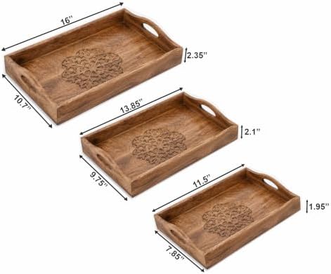 Ajuny Wooden Serving Trays Set of 3 with Handles, Hand Carved Flower