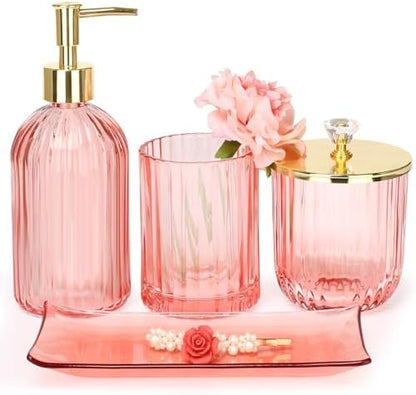 Haturi Bathroom Accessories Set, 4 Pcs Pink Glass Bathroom Accessories