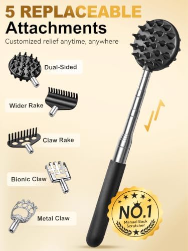 Telescoping Back Scratcher with 5 Interchangeable Heads, Gifts for Men
