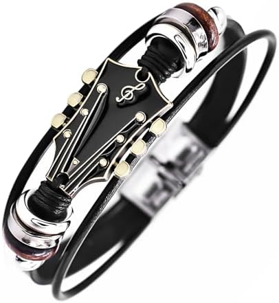 Retro Guitar Leather Bracelet for Man Women Unique Bead Braided