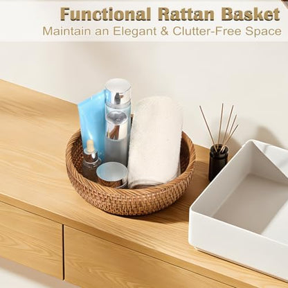 BTSKY 9.3" Round Rattan Remote Basket, Wicker Tray, Key Bowl for Home