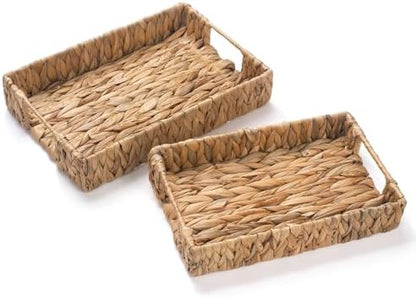 2 Pack Water Hyacinth Tray with Handles, Rectangular Wicker Serving