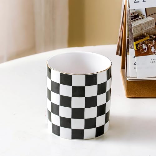 Ceramic Checkered Pen Holder For Desk Cute Stand Gold Line Pencil Cup