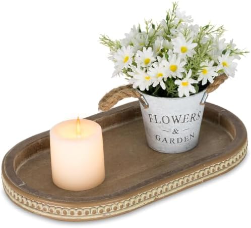 Hanobe 15" Vintage Wood Decorative Tray for Coffee Table Decor, Beaded
