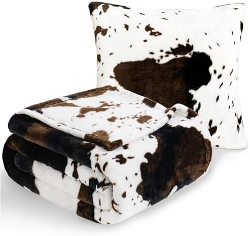Vessia Throw Blanket Cow Black and Brown with Pillow Cover for Couch