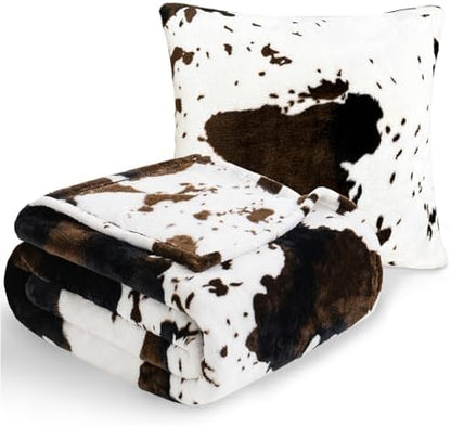 Vessia Throw Blanket Cow Black and Brown with Pillow Cover for Couch
