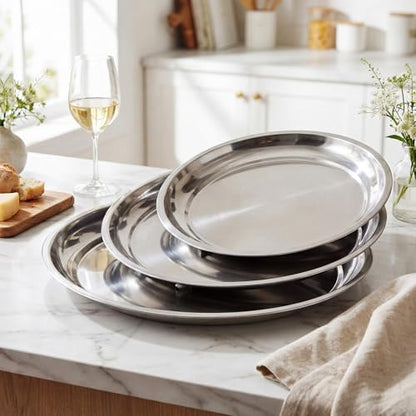 3 Pack Round Silver Trays Stainless Steel, Smooth Style
