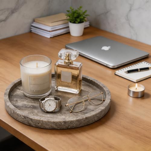 Round Marble Vanity Tray, Gray Travertine,Natural Marble Stone