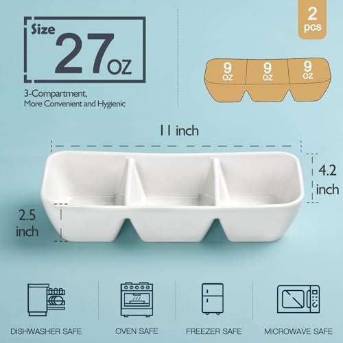 Ceramic Divided Serving Tray 11 Inch, 3 Compartment White Condiment