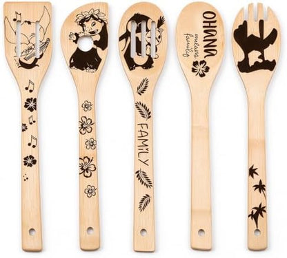 Leo and Stitc Wooden Cooking Spoons Set of 5 Burned Spatula Kitchen
