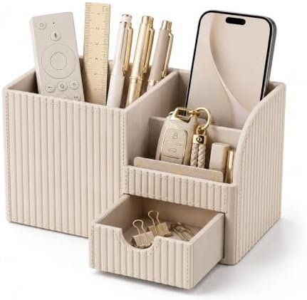 KINGFOM Luxury PU Leather Desk Organizer with Drawer, Modern Aesthetic