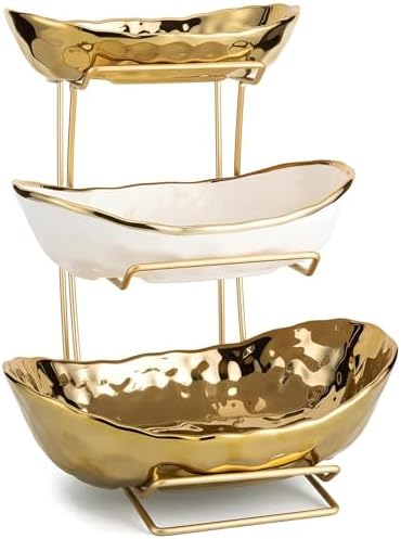 3-Tier Gold Fruit Bowl & Tray with Metal Stand - Ceramic White, Triple