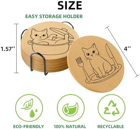 Coasters for Drinks with Holder Set of 6, Cat Cork Coaster Absorbent