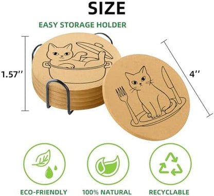 Coasters for Drinks with Holder Set of 6, Cat Cork Coaster Absorbent
