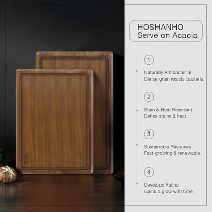 HOSHANHO Acacia Wood Serving Tray 14x10 Charcuterie Board & Non-Slip