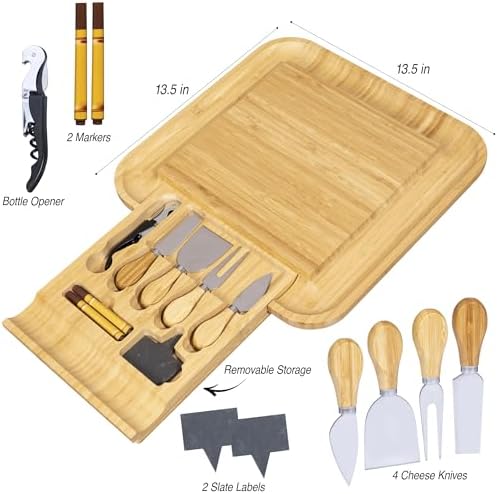 Cheese Board Gift Set with Built-in Storage Drawer, Bamboo Charcuterie