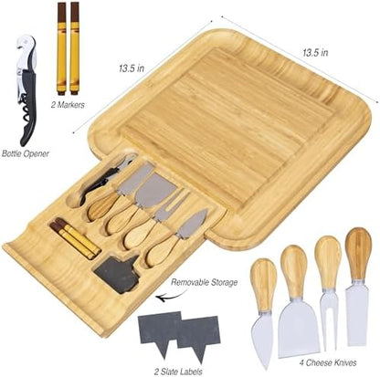 Cheese Board Gift Set with Built-in Storage Drawer, Bamboo Charcuterie