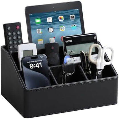 PU Leather Desk Organizer, Remote Control Holder (Black)