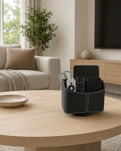LAMOTI Remote Control Holder, 360° Rotating PU Leather Desk Organizer