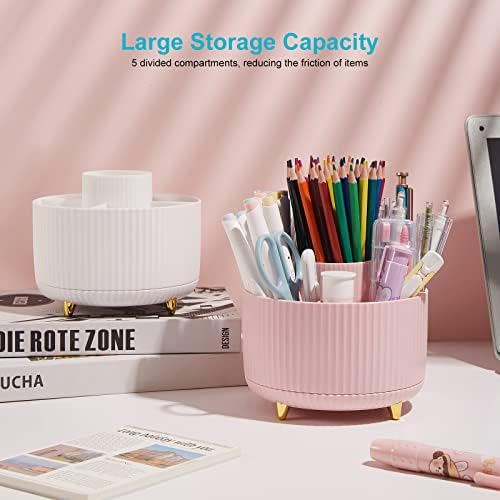 360 Degree Rotating Desk Pen/Pencil Holder, 5-Slot Organizer, Cute
