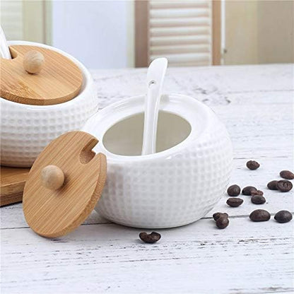 Porcelain Condiment Jar Spice Container with Lids - Bamboo Cap Holder
