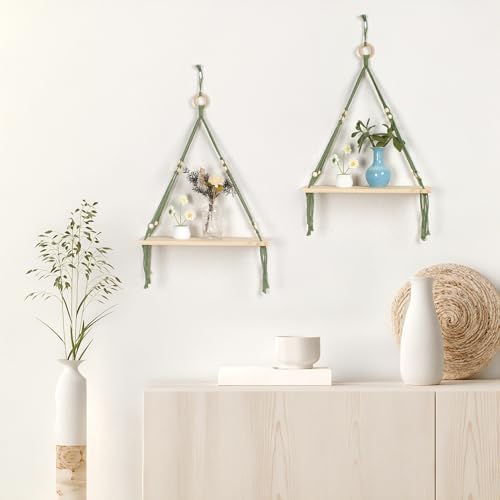 HVEST Green Hanging Shelf Set of 2, Boho Wall Decor, Floating Shelves