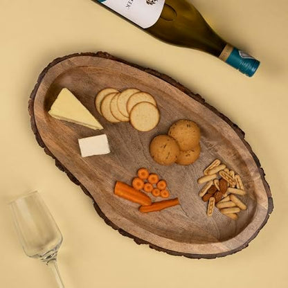GoCraft Oval Wooden Serving Platter with Tree Bark Edges – Mango Wood