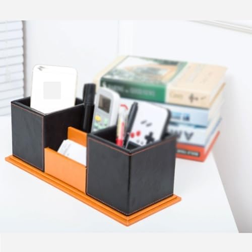 Leather Wood Pen Holder with Business Card Slot, Double-Layer Modern