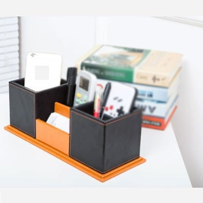 Leather Wood Pen Holder with Business Card Slot, Double-Layer Modern