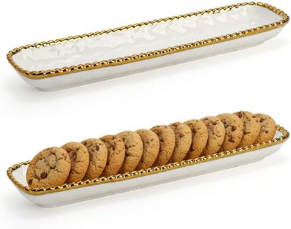 SOUJOY 2 Pack Porcelain Cracker Tray with Gold Pearl Edge, 14 Inch