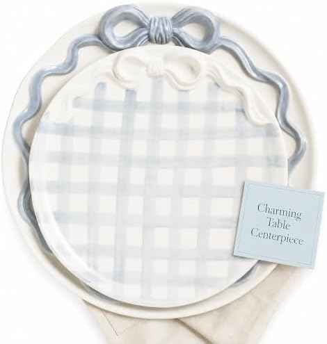 Mud Pie Bow Nested Platter Set of 2, Blue Gingham Round Serving