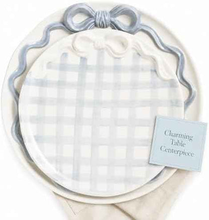 Mud Pie Bow Nested Platter Set of 2, Blue Gingham Round Serving