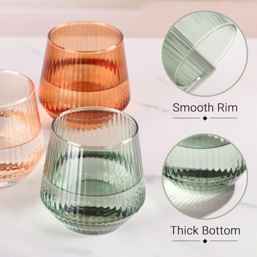 Colored Stemless Wine Glasses Set of 6, 12.5 Oz Ribbed Wine