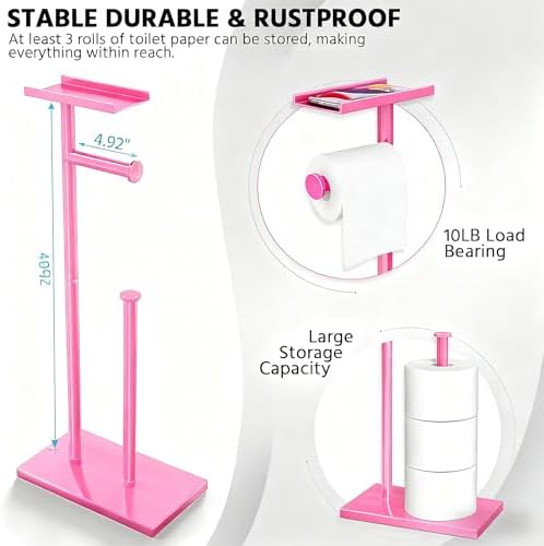 CISILY Pink Toilet Paper Holder Stand with Phone Shelf, Bathroom