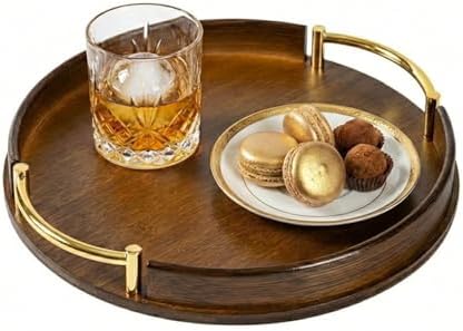 12-Inch Round Bamboo Serving Tray with Handles, Dark Brown Wooden