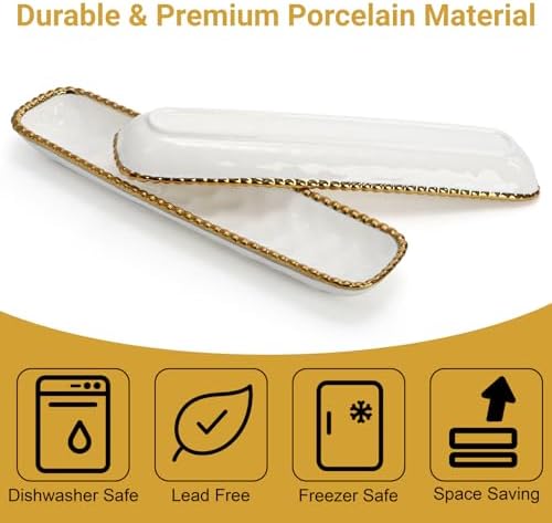 SOUJOY 2 Pack Porcelain Cracker Tray with Gold Pearl Edge, 14 Inch