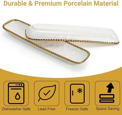 SOUJOY 2 Pack Porcelain Cracker Tray with Gold Pearl Edge, 14 Inch