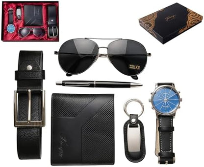 Mens Gift Set 6 PC Watch Wallet Belt Sunglasses Pen Key Ring Box