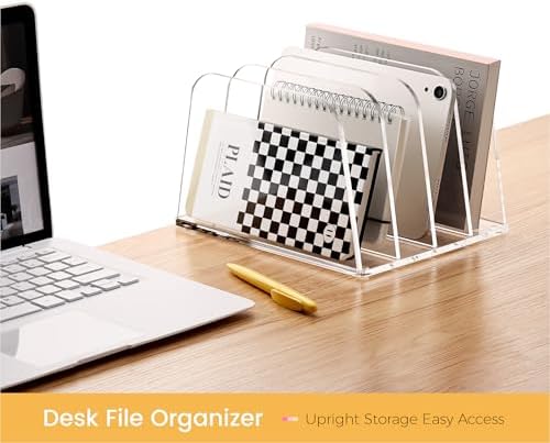 HeZone Desk File Organizer,4-Section Vertical File Folder Holder,Clear