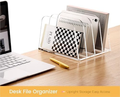 HeZone Desk File Organizer,4-Section Vertical File Folder Holder,Clear